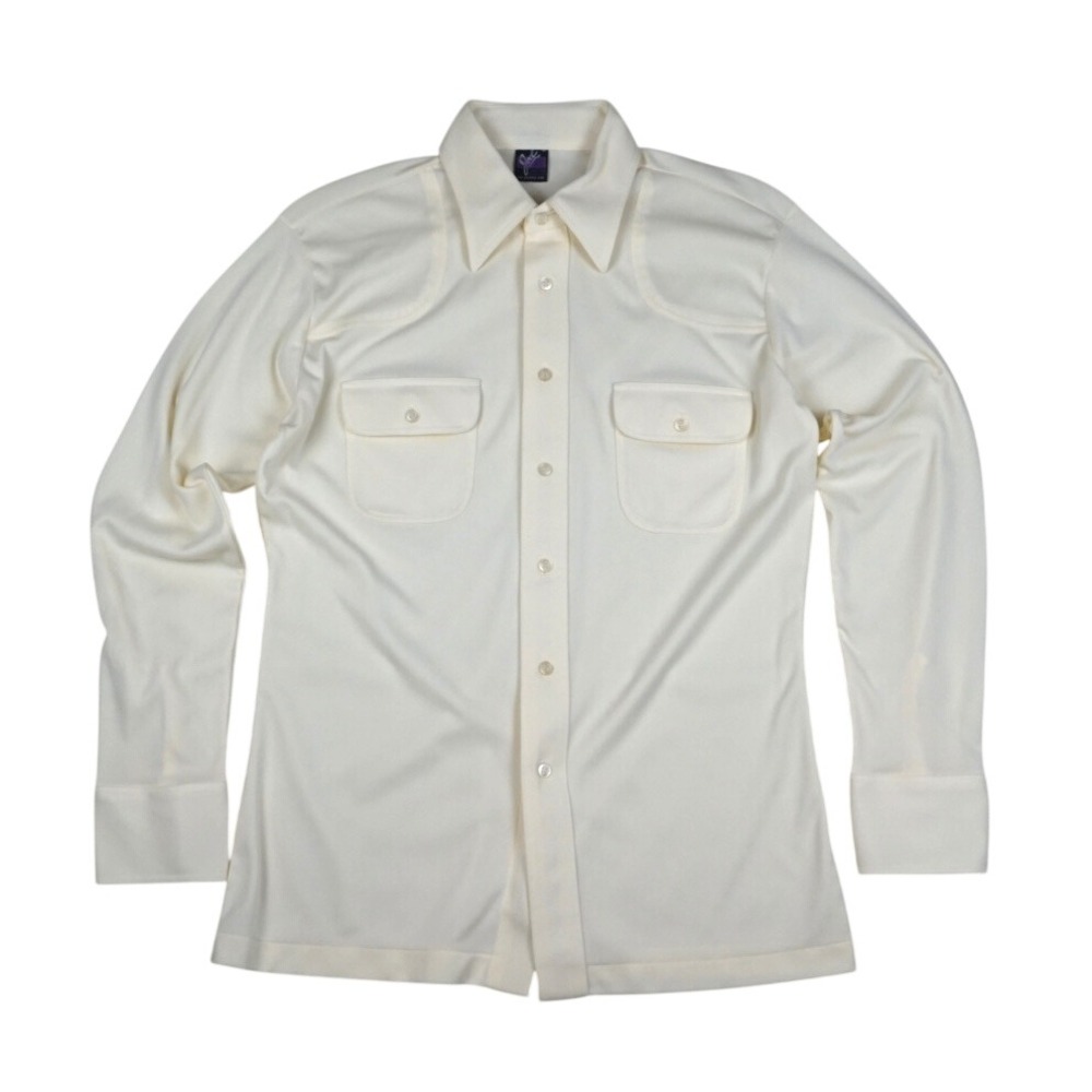 Vintage Polyester Western Shirt Men's M Cream 70s 80s Joel Cal-Made Button Up